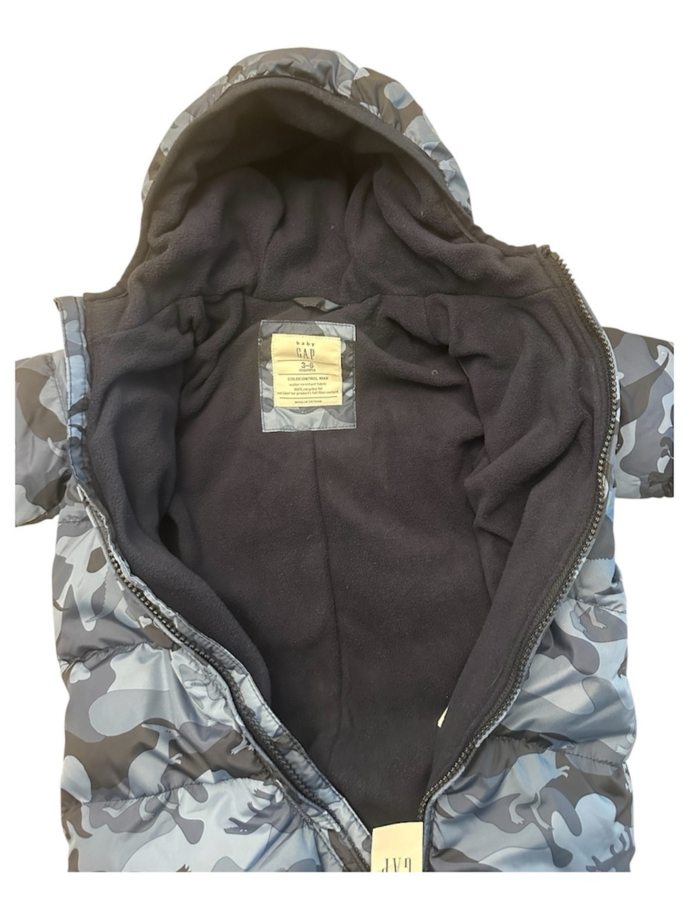 GAP Infant Dinosaur Blue Camouflage Puffer Bunting Snowsuit Winter 3-6 Months - Picture 3 of 7
